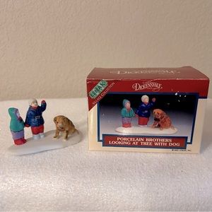 Vintage Lemax Dickensvale Porcelain Brothers Looking at Tree with Dog